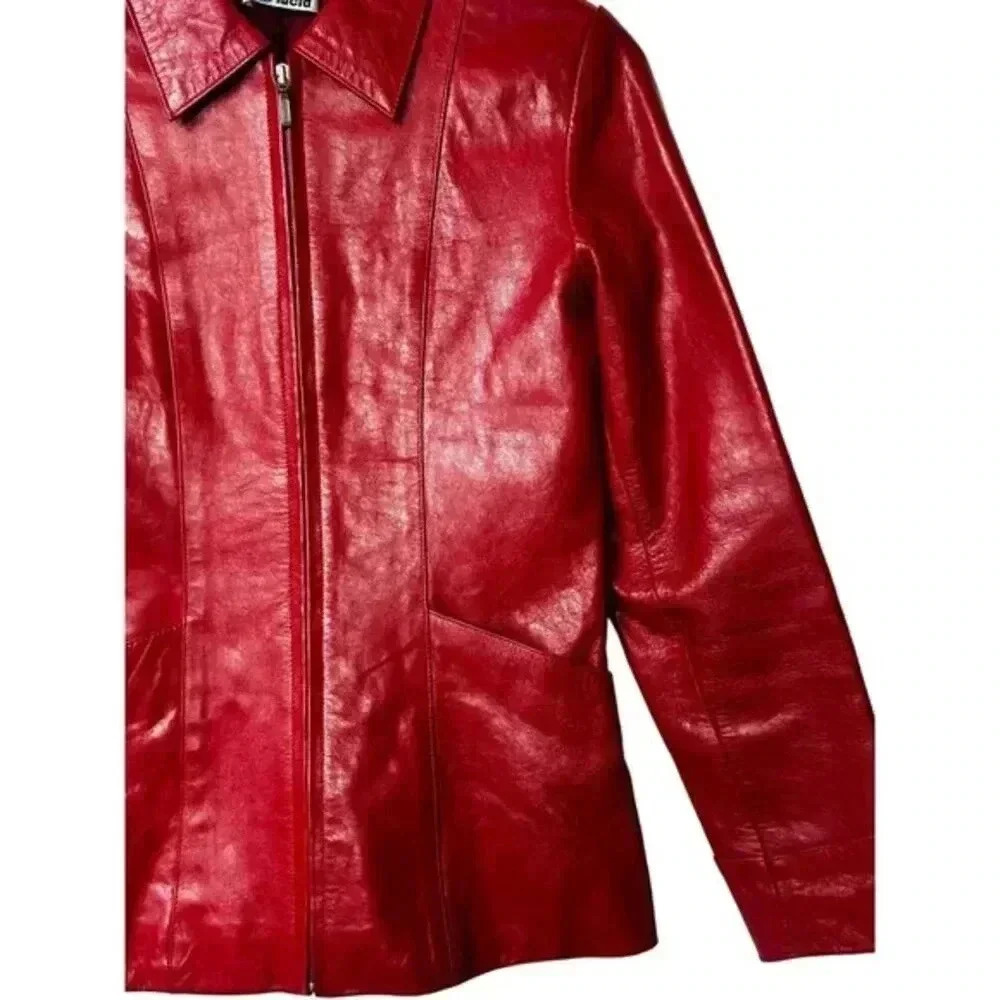 Y2K Genuine Leather Zip Jacket B*Lucid Cherry Red Fitted Moto Size Small - Picture 14 of 16